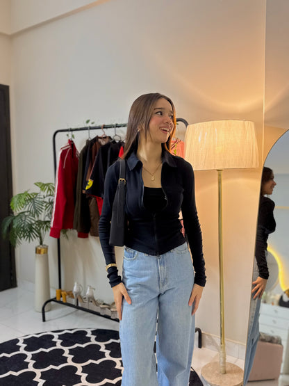 Rib collar double zip top-PLT-2410-Black