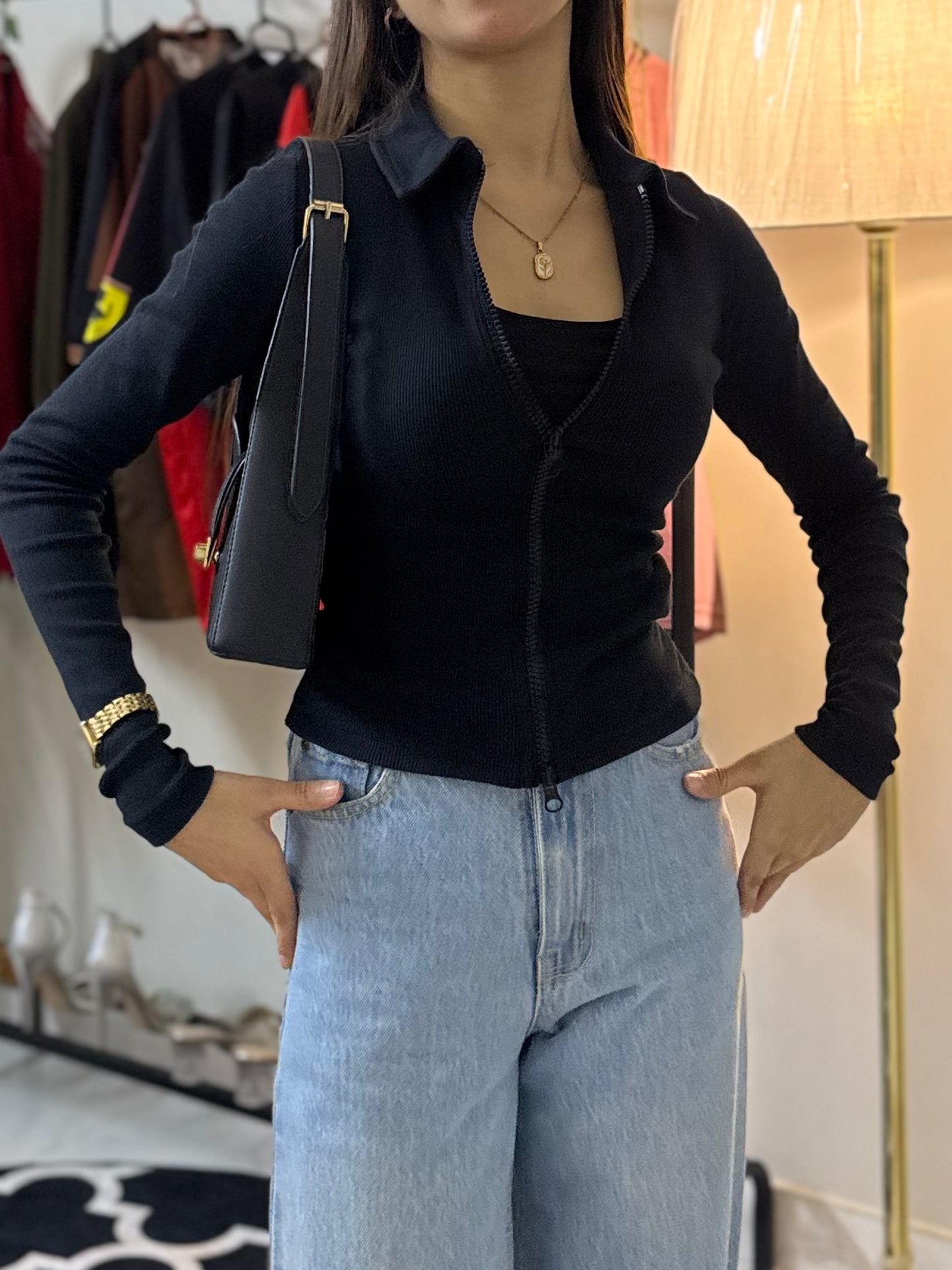 Rib collar double zip top-PLT-2410-Black