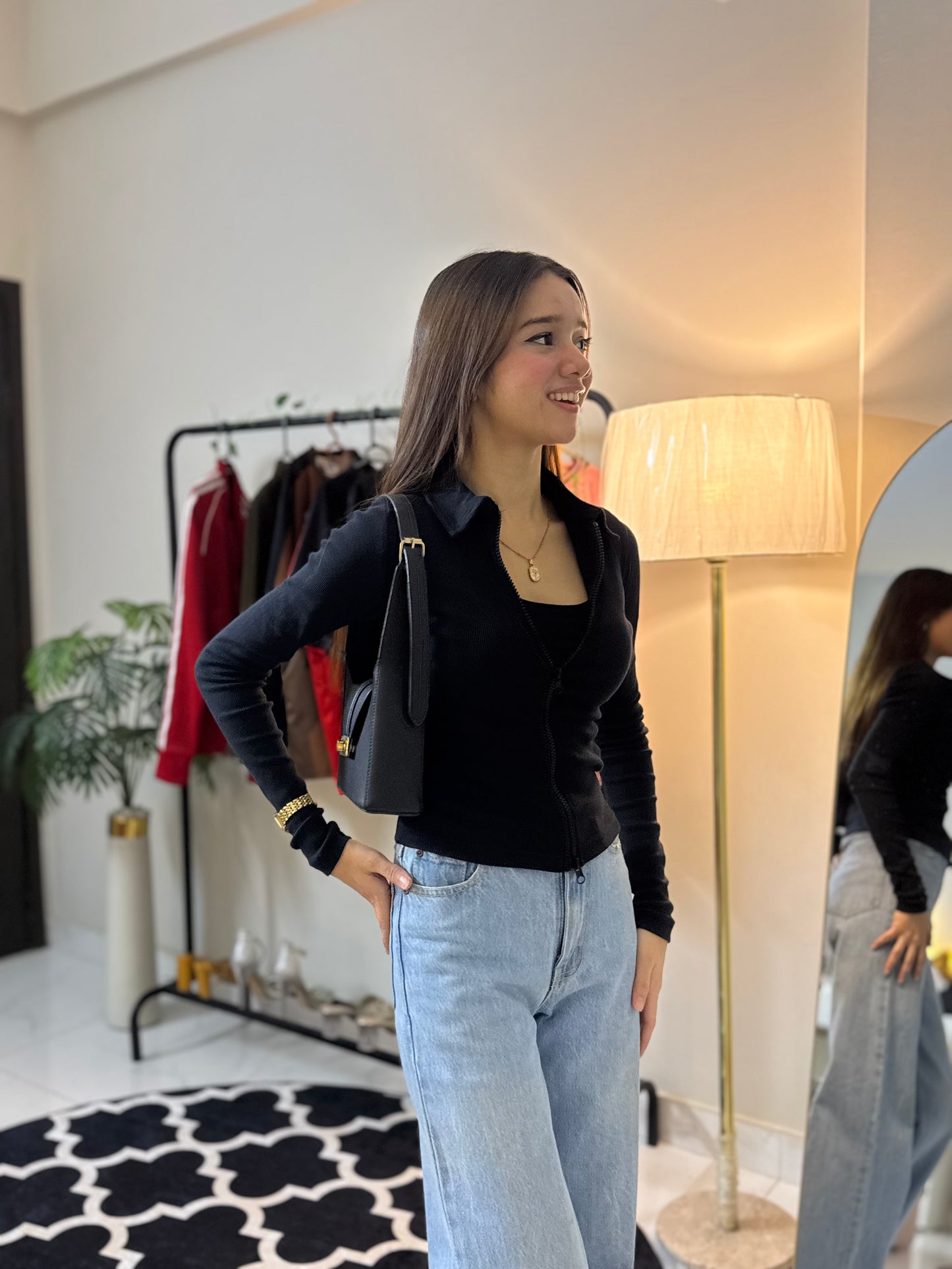 Rib collar double zip top-PLT-2410-Black