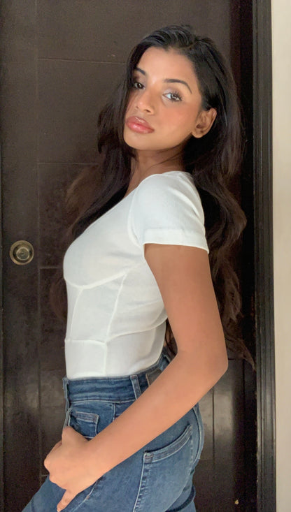 PLT Shape Bright seam detail Short  Sleeve Unitard-2440-White