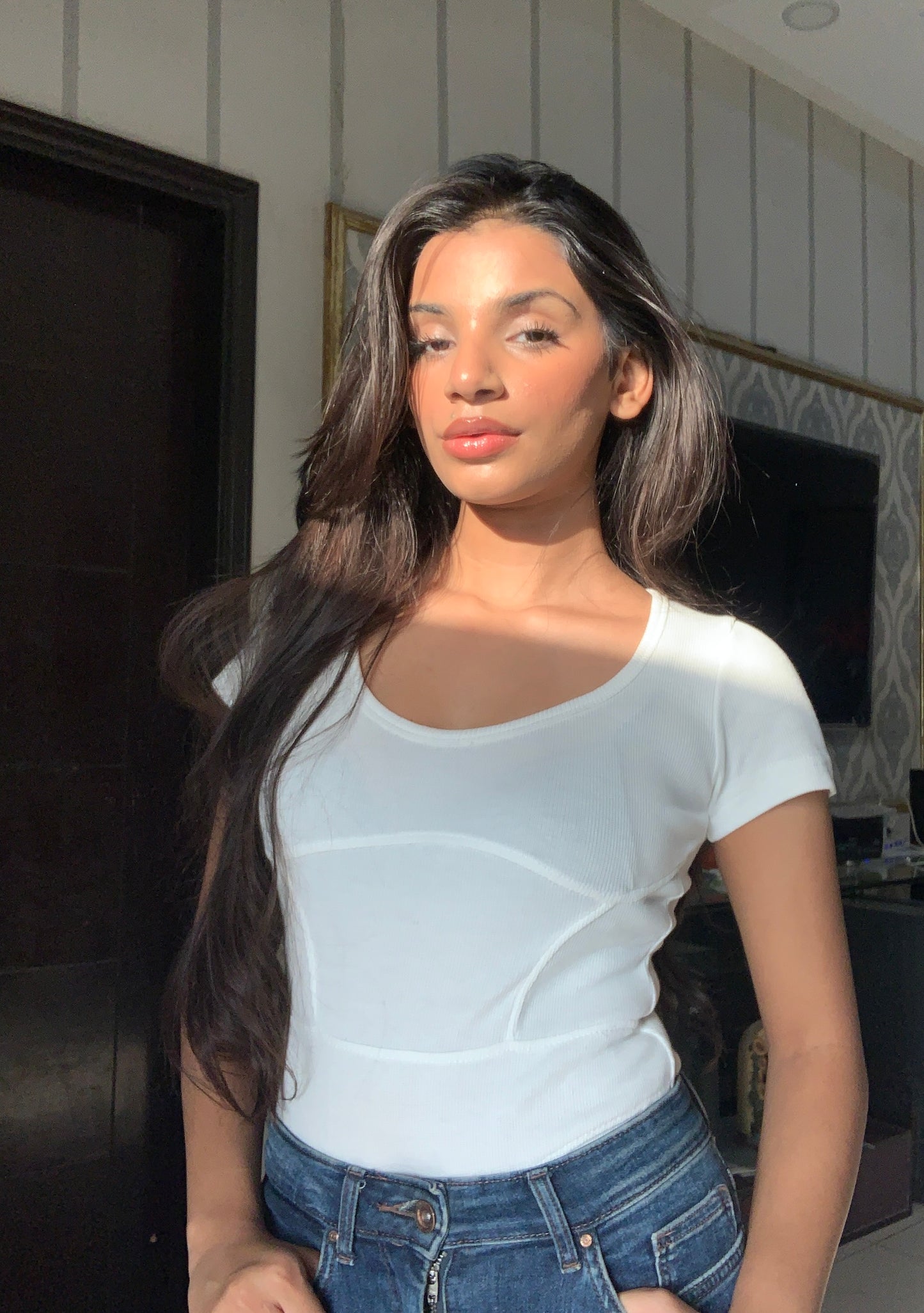 PLT Shape Bright seam detail Short  Sleeve Unitard-2440-White