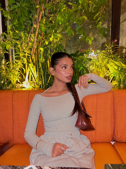 Ribb Bar Dot Tie Front Long Sleeve Top-2388-PLT-Grey