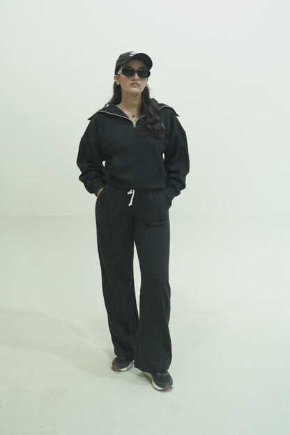 30015-Osk Half-Zip Sweater & Pleated V-Trouser Set-Black