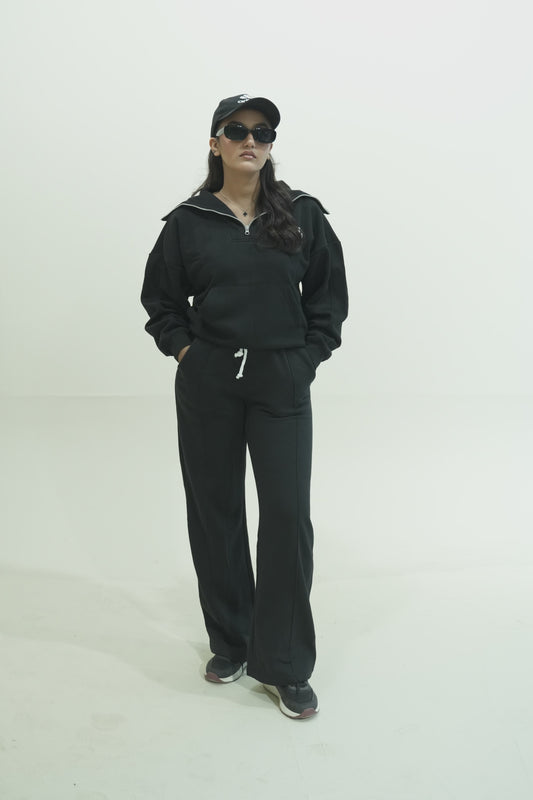 30015-Osk Half-Zip Sweater & Pleated V-Trouser Set-Black