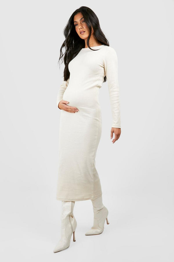 BH Basic Rib Crew Neck Long Sleeve Midaxi Dress-2496-Stone