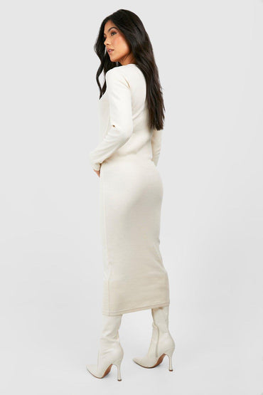 BH Basic Rib Crew Neck Long Sleeve Midaxi Dress-2496-Stone