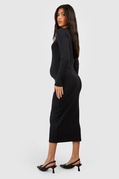 BH Basic Rib Crew Neck Long Sleeve Midaxi Dress-2496-Black