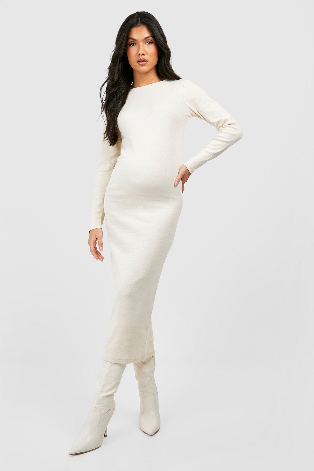 BH Basic Rib Crew Neck Long Sleeve Midaxi Dress-2496-Stone