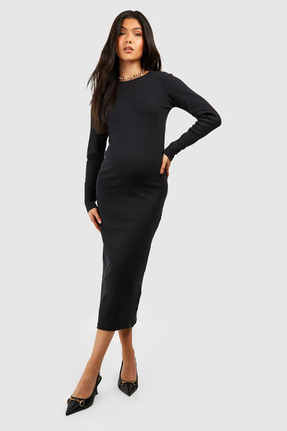 BH Basic Rib Crew Neck Long Sleeve Midaxi Dress-2496-Black