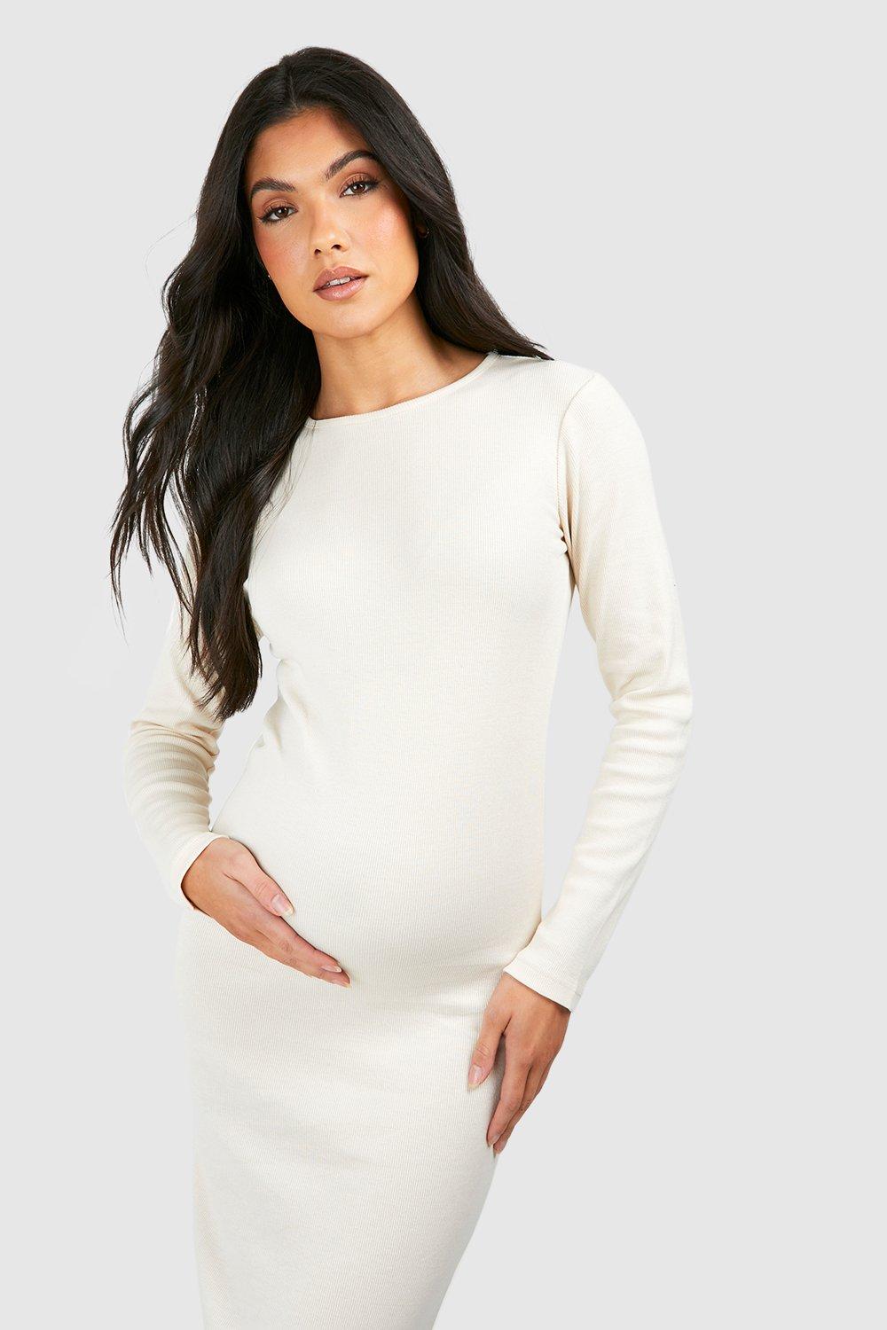 BH Basic Rib Crew Neck Long Sleeve Midaxi Dress-2496-Stone