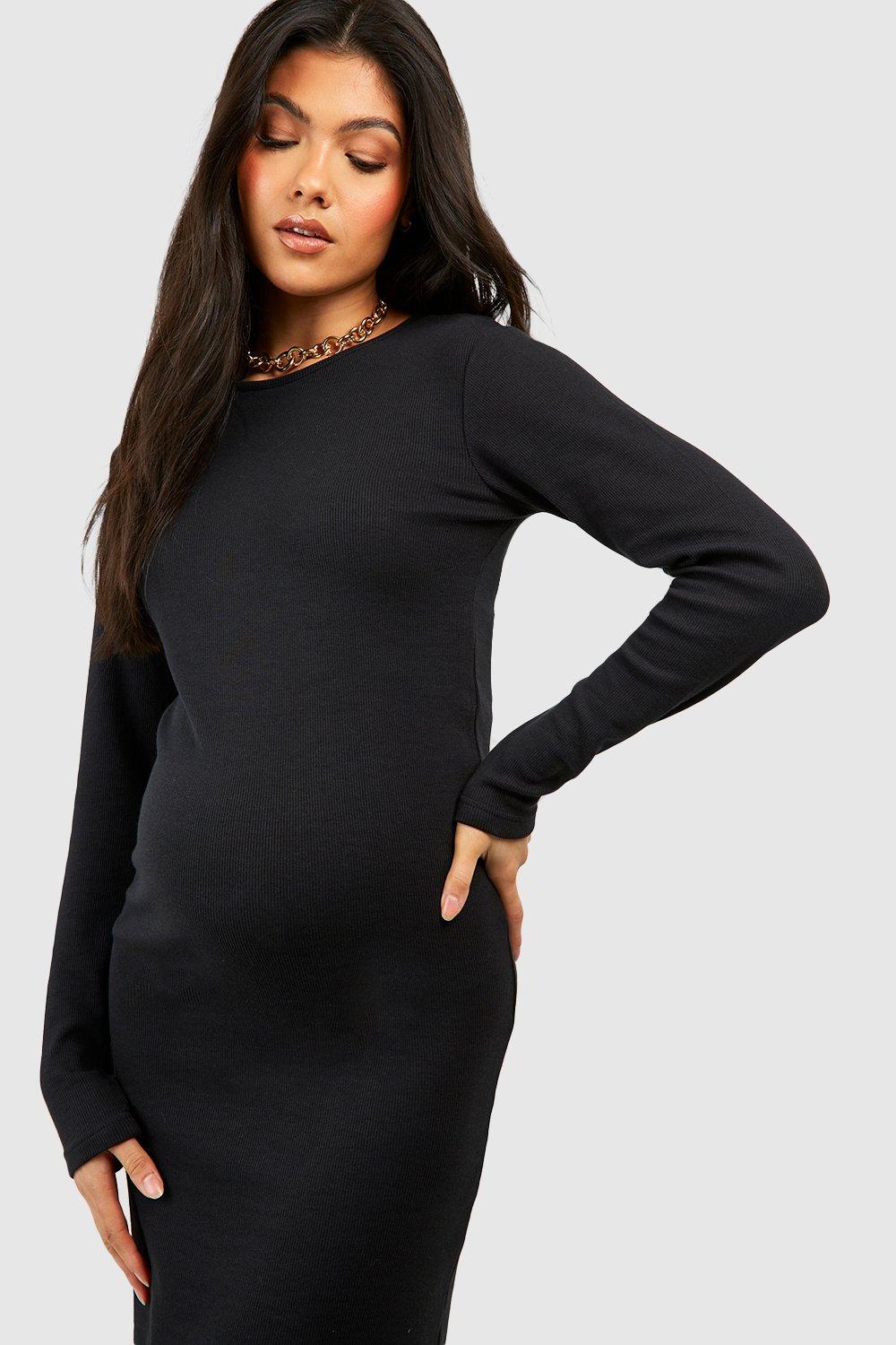 BH Basic Rib Crew Neck Long Sleeve Midaxi Dress-2496-Black