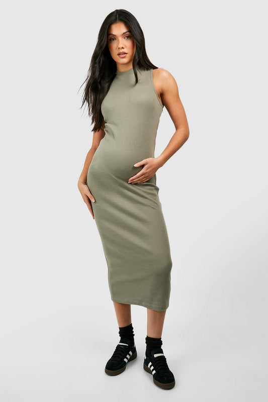 BH Maternity High Neck Racer Back Midaxi Dress-2495-Olive