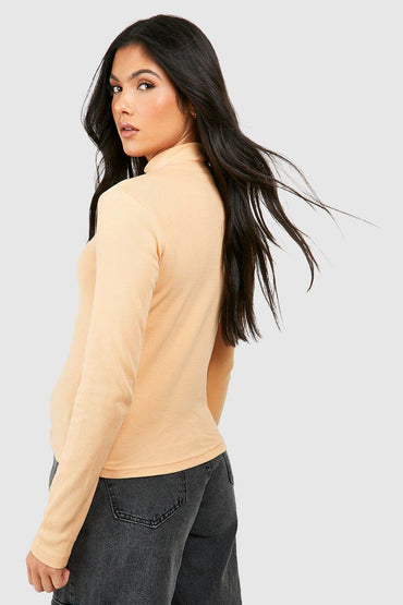 BH Long Sleeve Funnel Neck T-shirt Women-2501-Beige