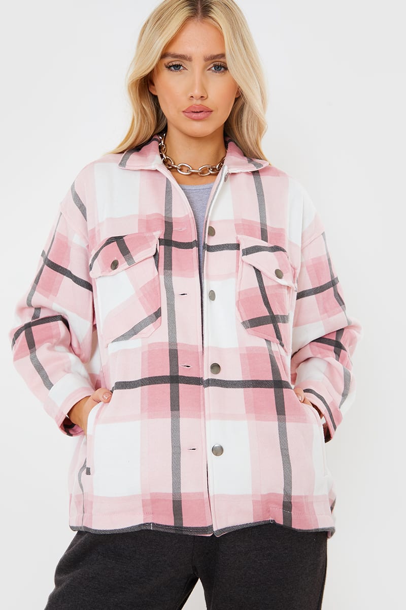 2797-Plt Women Oversized Check Shacket-Pink White