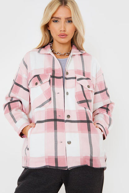 2797-Plt Women Oversized Check Shacket-Pink White