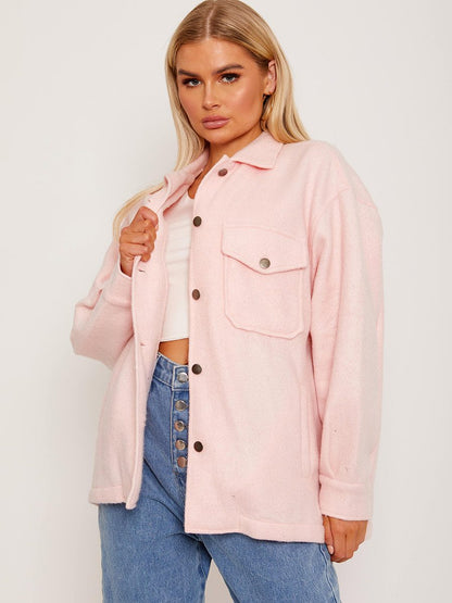 Plain Baby Pink Fleece Shacket For Women-2488