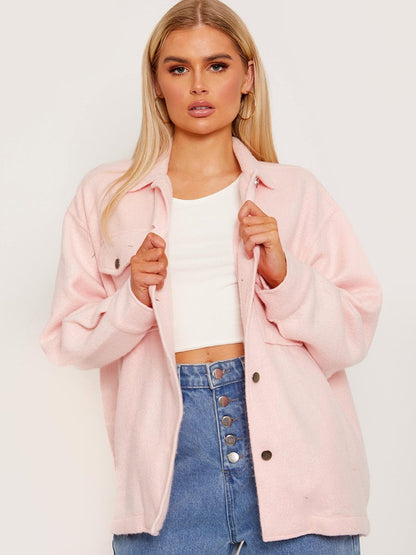 Plain Baby Pink Fleece Shacket For Women-2488