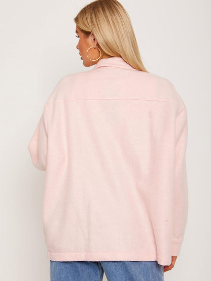 Plain Baby Pink Fleece Shacket For Women-2488