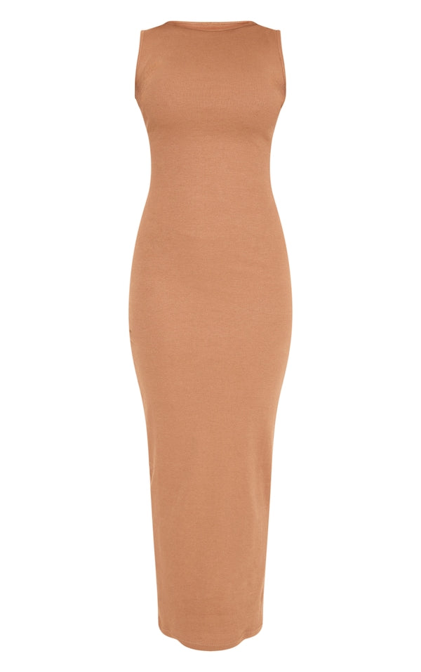 Rib Boat Neck Midaxi Dress-PLT-2543-Butter Taupe