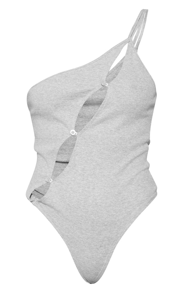 Rib button cut out one shoulder bodysuit-2413 -PLT-Grey