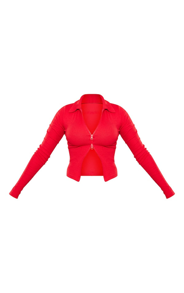 Rib collar double zip top-PLT-2410-Red