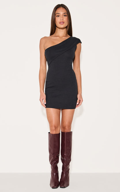 2664-Rib Fold One Shoulder Mini Dress