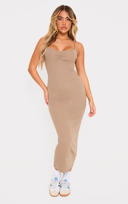 Rib Ruched Bust Strappy Midaxi Dress-PLT-2540-Butter Taupe