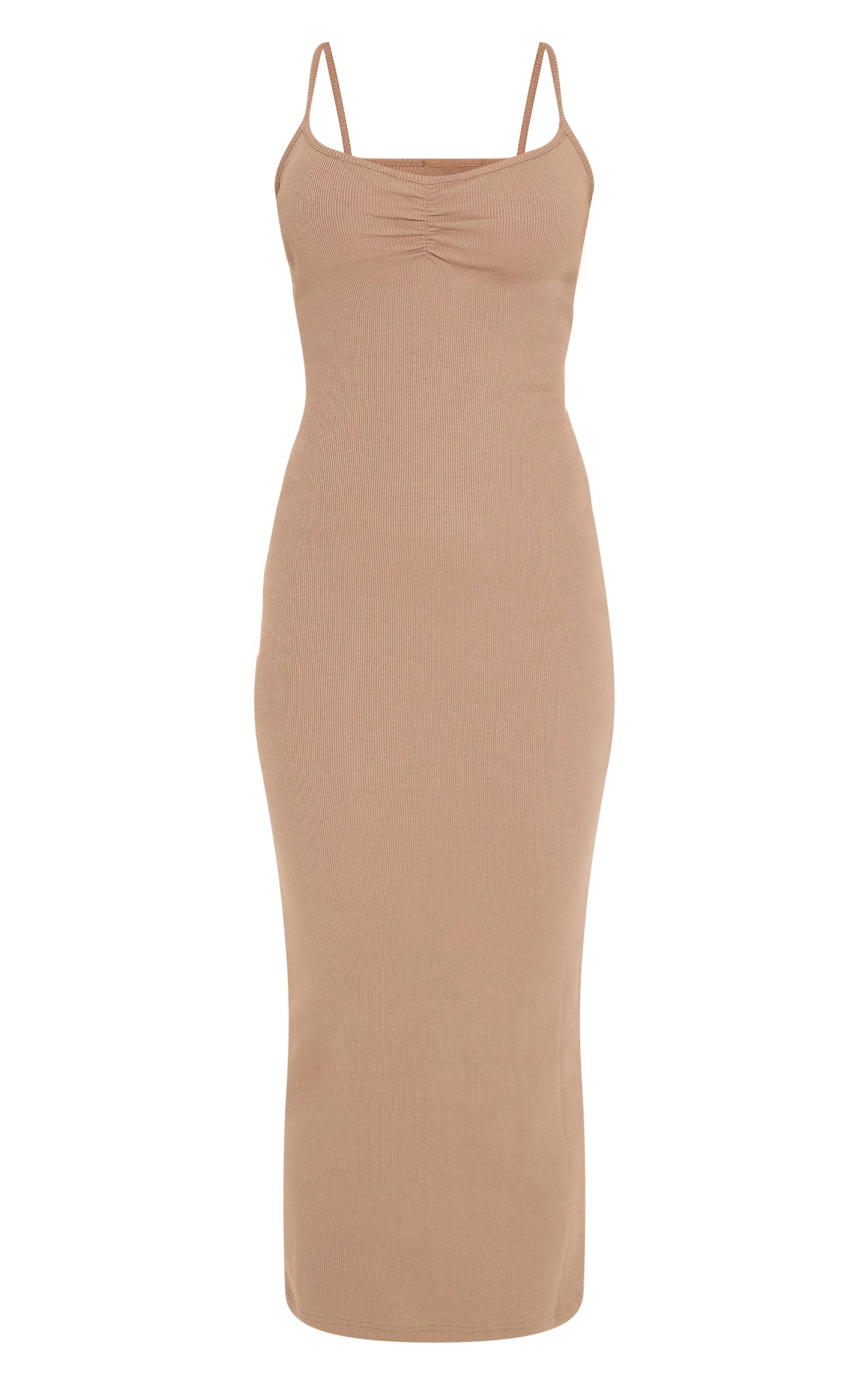 Rib Ruched Bust Strappy Midaxi Dress-PLT-2540-Butter Taupe