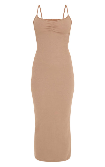 Rib Ruched Bust Strappy Midaxi Dress-PLT-2540-Butter Taupe