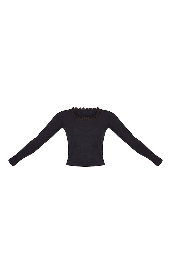 Ribbed Lace Trim Long Sleeve Top-2394-PLT-Black