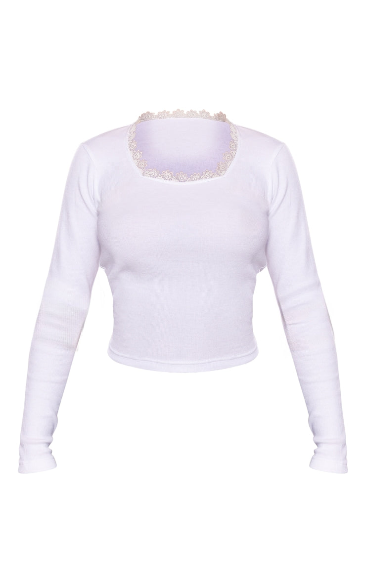 Ribbed Lace Trim Long Sleeve Top-2394-PLT-White