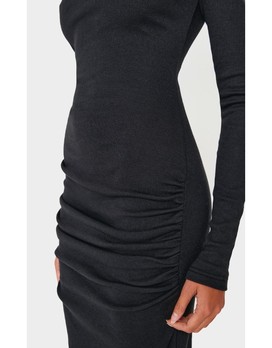 2650-Ribbed Ruched Detail Long Sleeve Maxi Dress