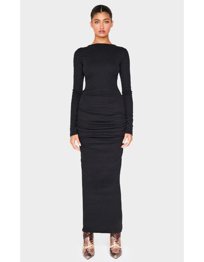 2650-Ribbed Ruched Detail Long Sleeve Maxi Dress