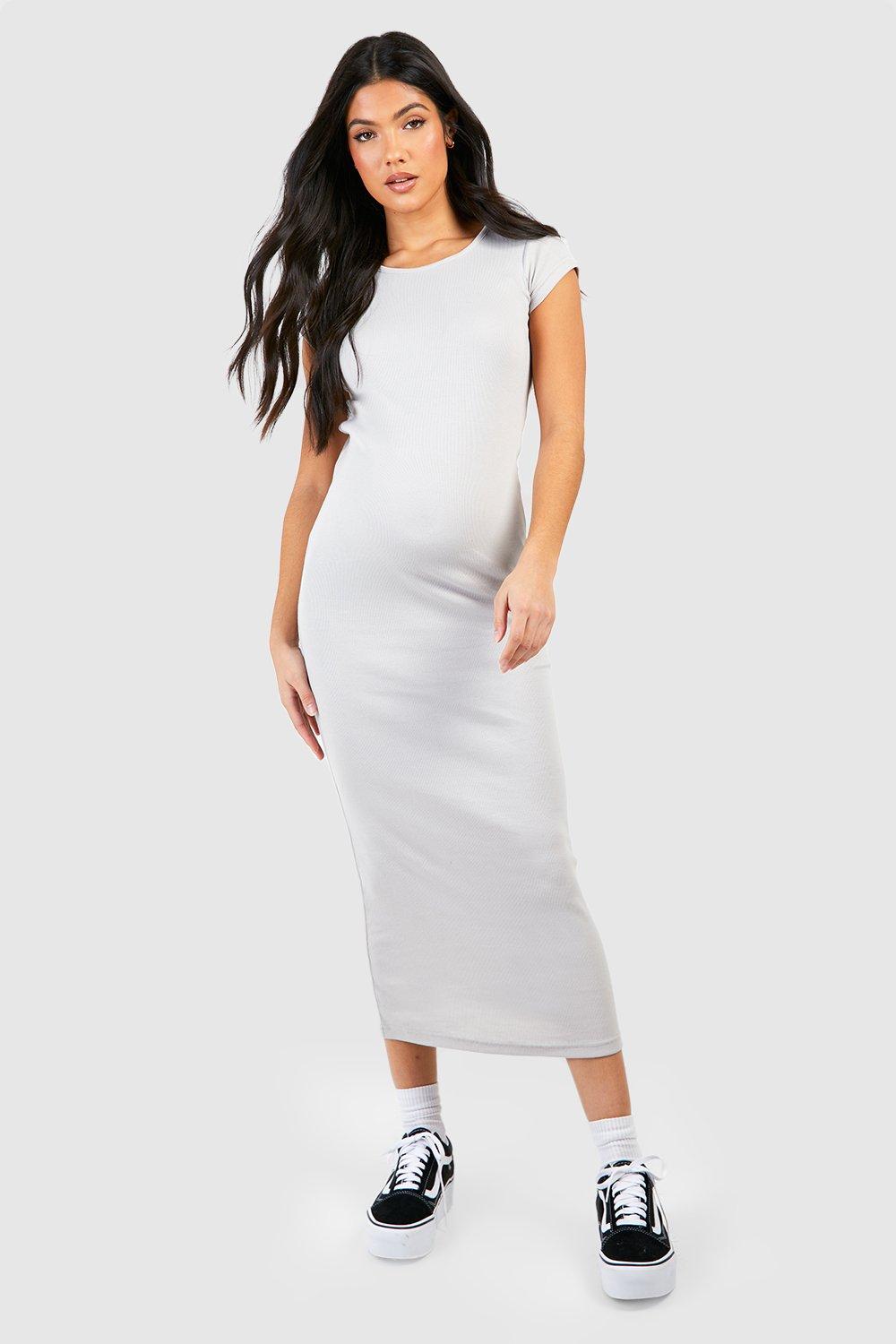 Booho Maternity Cap Sleeve Midaxi Rib Dress-2325-Grey