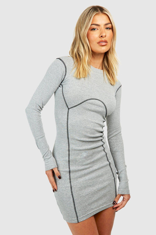 Boohoo Seam Detail Long Sleeve Bodycon Dress-2341-Grey