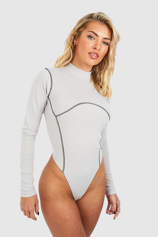 Booho Seam Detail Long Sleeve Bodysuit-2321-grey