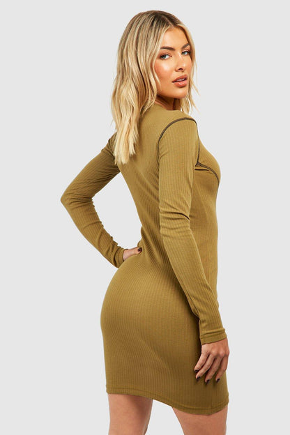 Boohoo Seam Detail Long Sleeve Bodycon Dress-2341-Olive