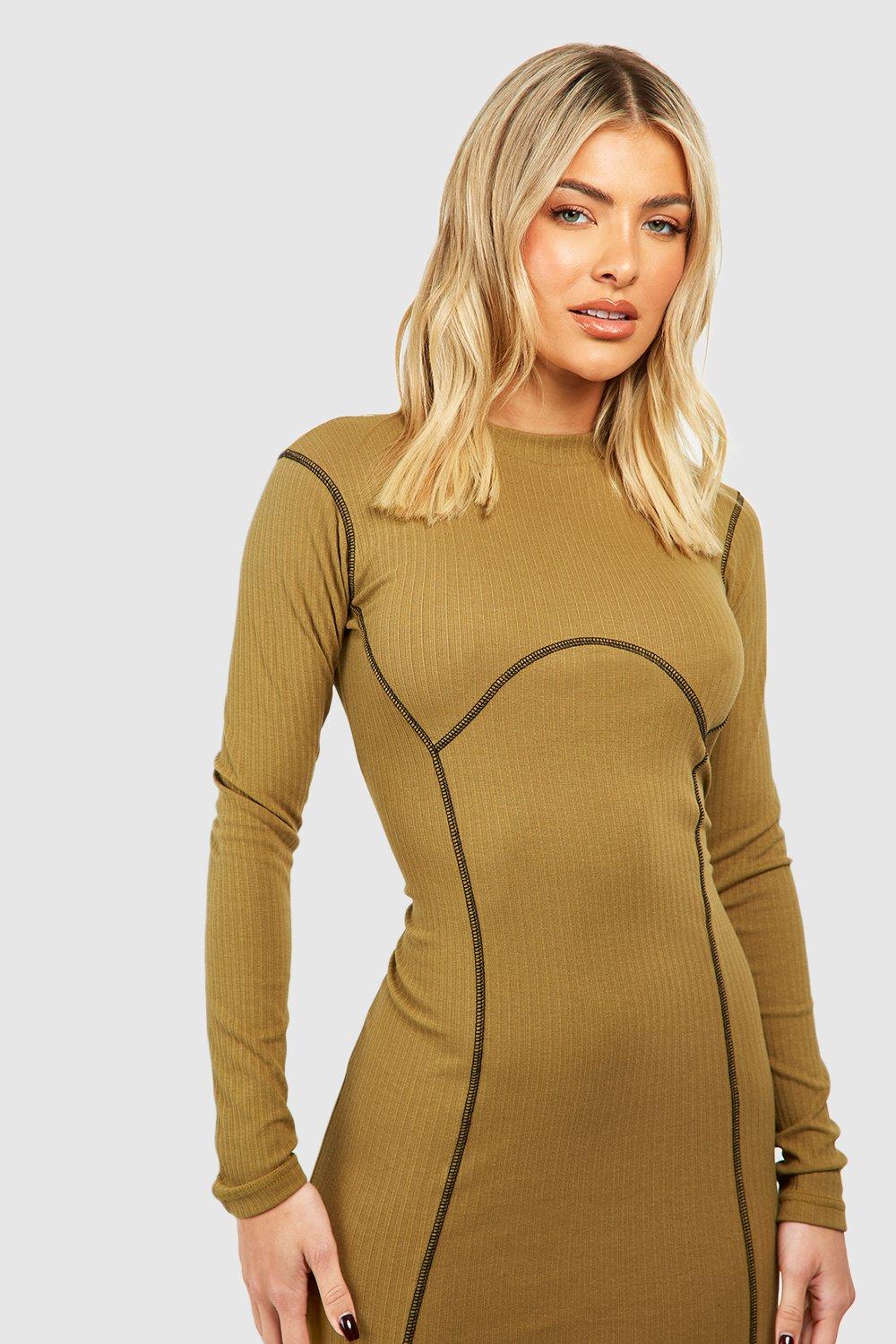 Boohoo Seam Detail Long Sleeve Bodycon Dress-2341-Olive