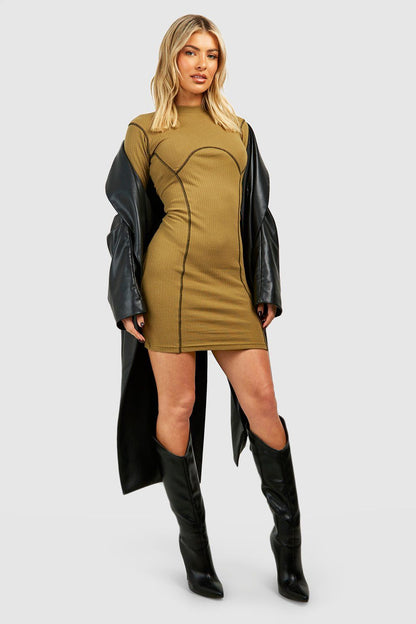 Boohoo Seam Detail Long Sleeve Bodycon Dress-2341-Olive