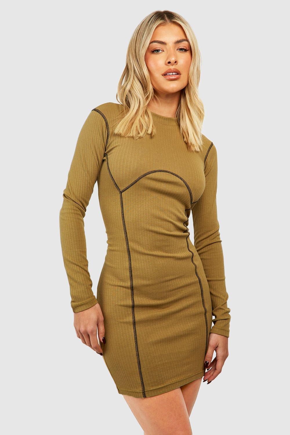 Boohoo Seam Detail Long Sleeve Bodycon Dress-2341-Olive