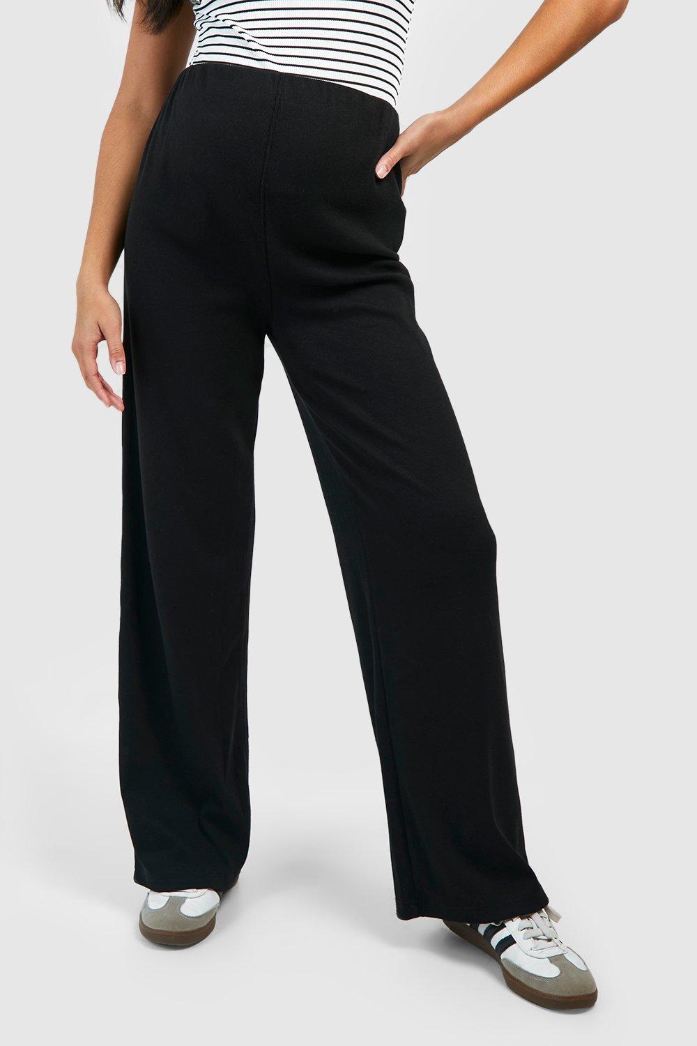 Boohoo Maternity Rib Wide Leg Trousers-2344-Black