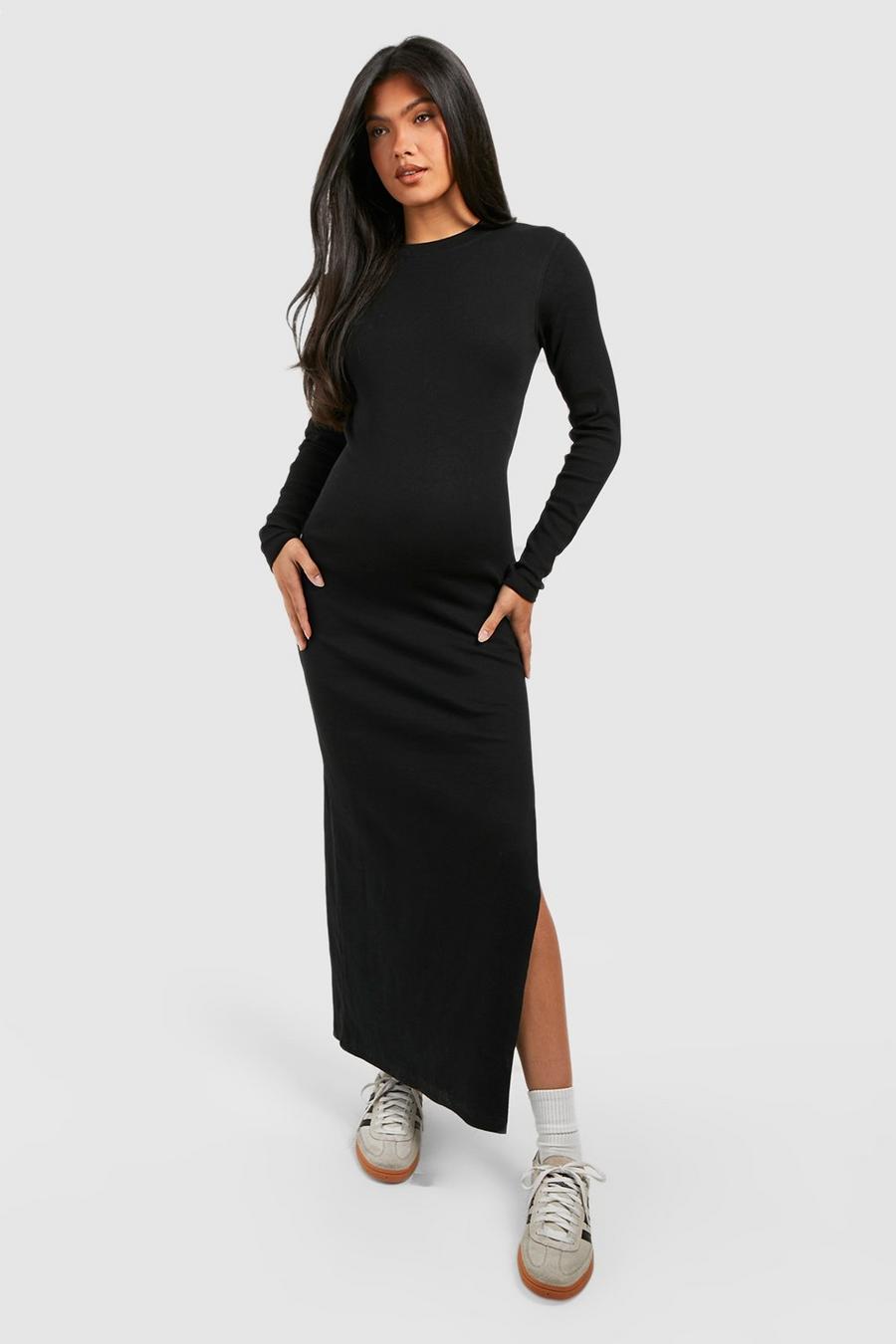 BH Maternity Crew Neck Long Sleeve Midaxi Dress Side Strips-2368-Black