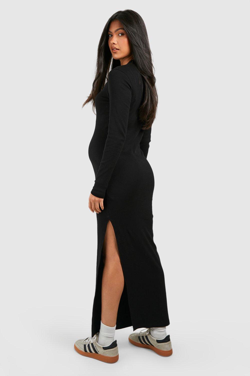 BH Maternity Crew Neck Long Sleeve Midaxi Dress Side Strips-2368-Black