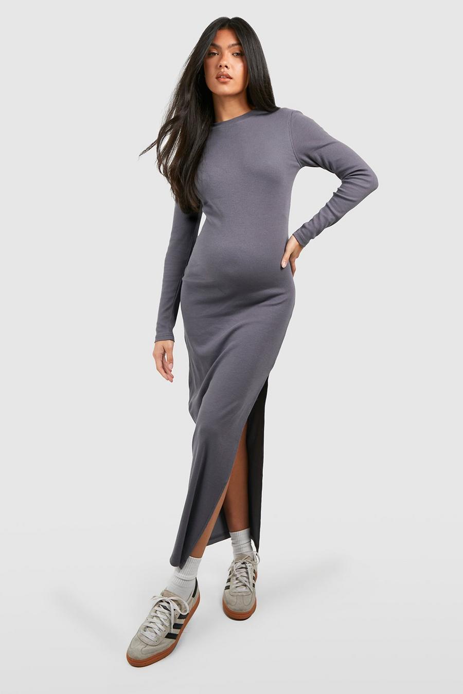 BH Maternity Crew Neck Long Sleeve Midaxi Dress Side Strips-2367-Grey