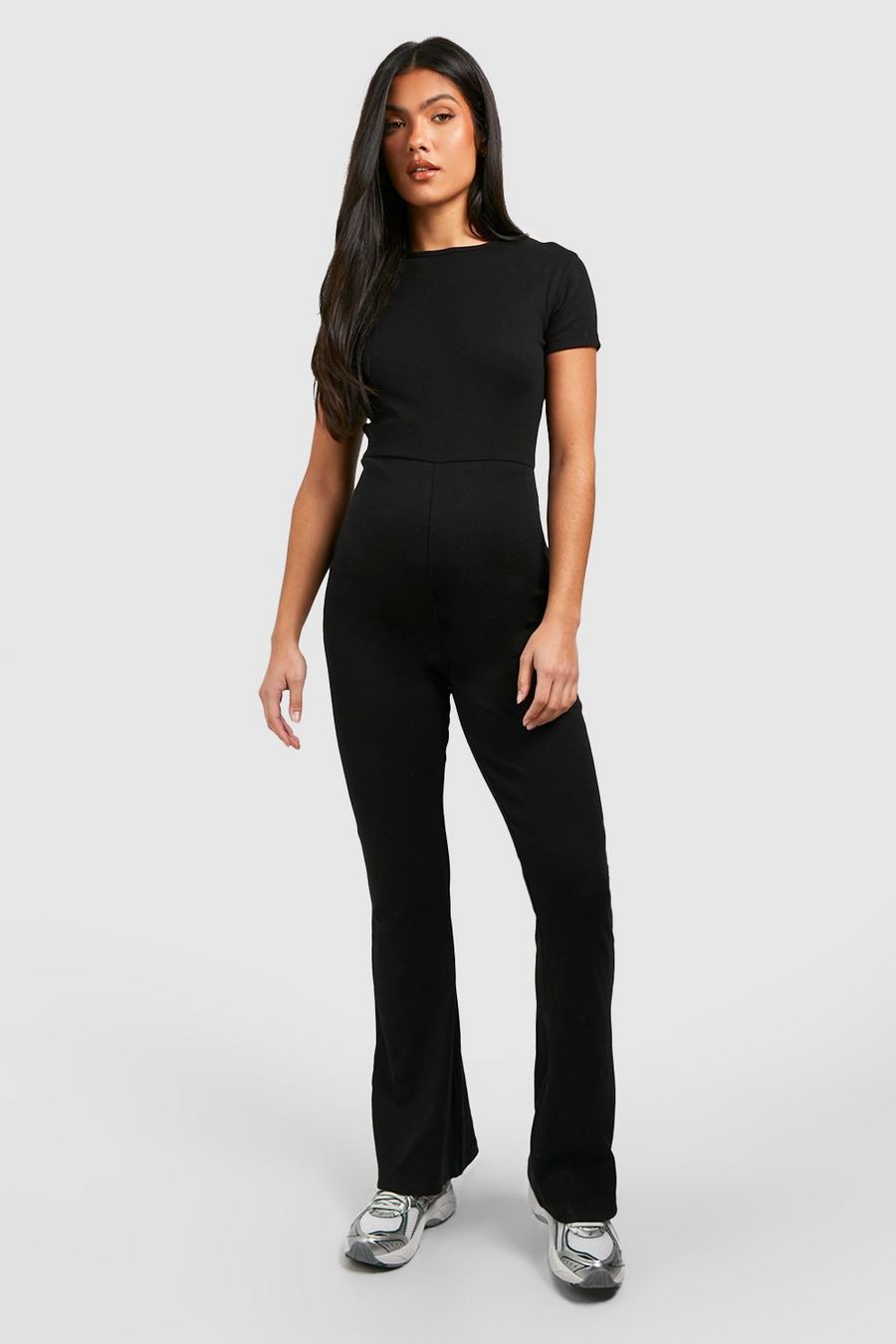 BH Maternity Cotton Rib Short Sleeve Flared Jumpsuit-2370-Black