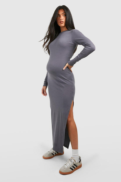 BH Maternity Crew Neck Long Sleeve Midaxi Dress Side Strips-2367-Grey