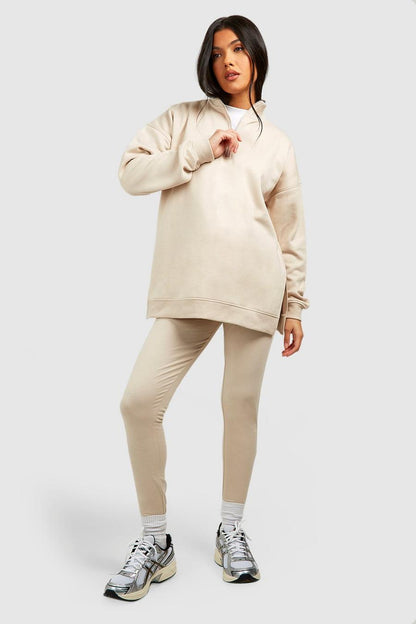 BH Maternity Half Zip Oversized Sweatshirt Set-2369-Stone