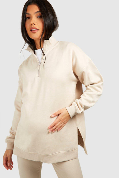 BH Maternity Half Zip Oversized Sweatshirt Set-2369-Stone