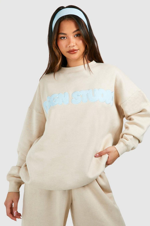 Dsgn Studio Applique Oversized Sweatshirt For Women-Bho-2381-Stone