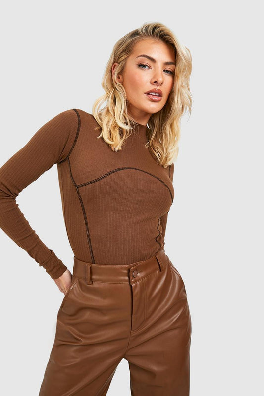 Booho Seam Detail Long Sleeve Bodysuit-2321-Brown